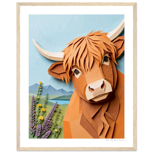 Framed artwork of a highland cow with a scenic background