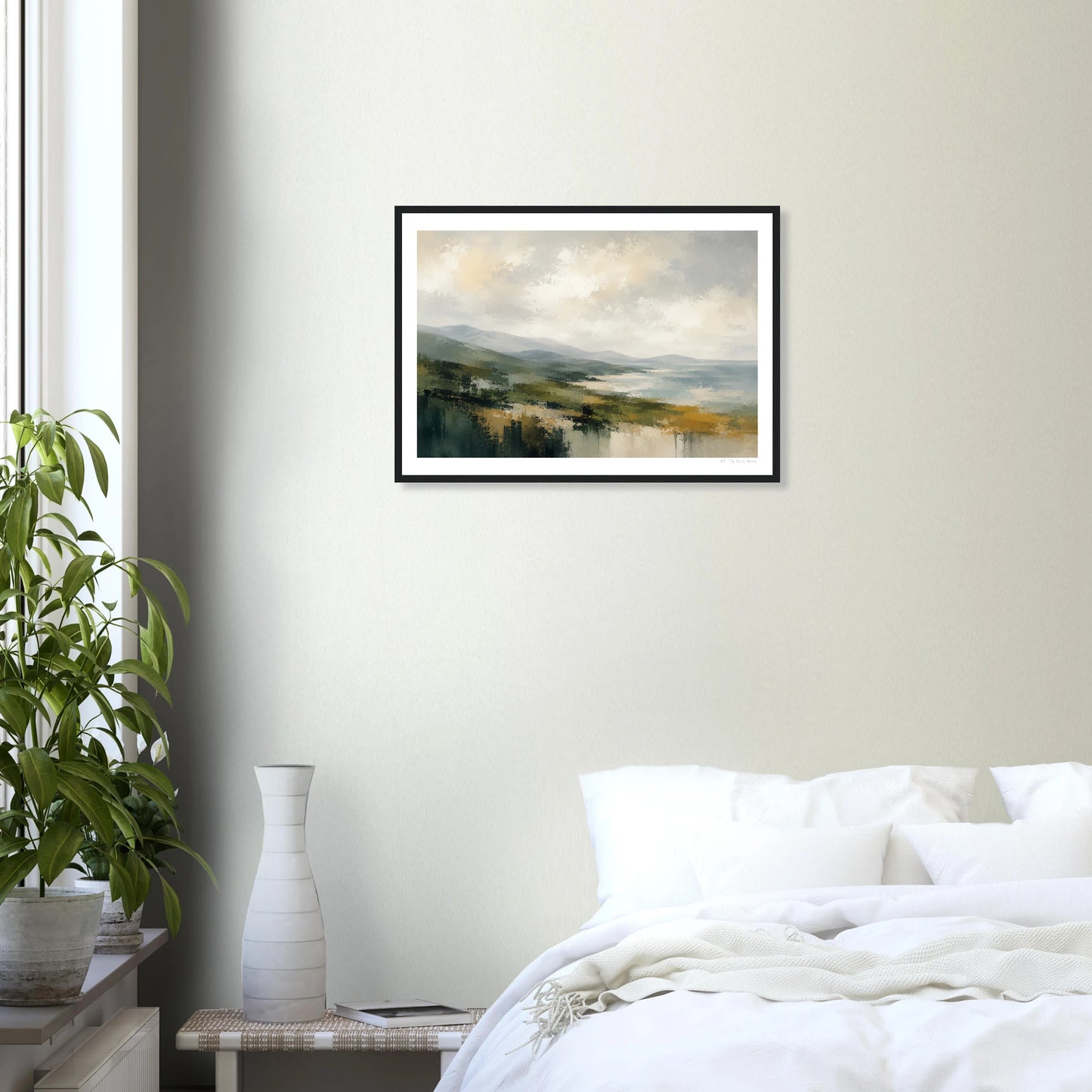 Framed landscape painting on a wall above a bed in a bedroom.