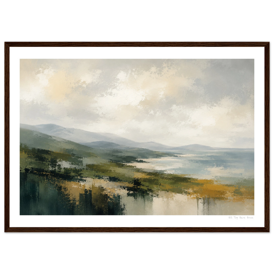 Framed landscape painting of a misty lake and mountains